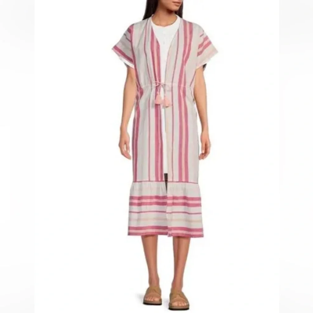 Faherty Stripe Longline Duster Coverup Carmine Pink White Size One Size